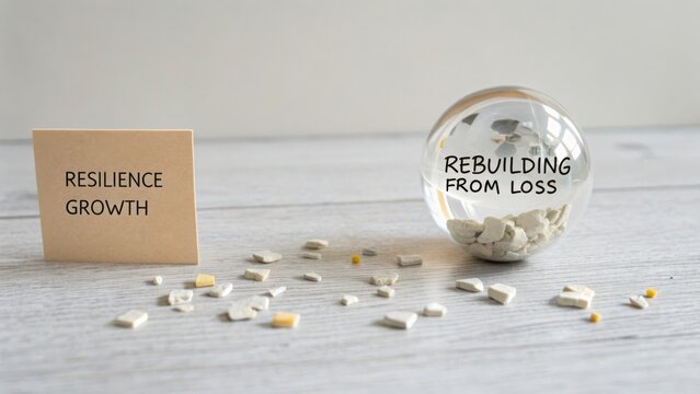 Glass globe with shattered pieces symbolizing resilience and growth, paired with a sign about rebuilding from loss - Powered by Adobe