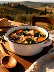 Rustic Tuscan Bean Soup Overlooking a Vineyard. A taste of Italy.