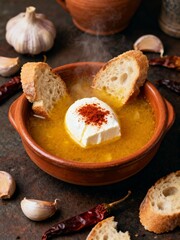 Rustic Spanish Garlic Soup (Sopa de Ajo). A traditional, savory meal.