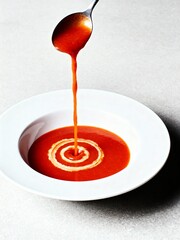 Dynamic Pour of Creamy Tomato Soup. An artistic culinary moment.