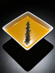 Minimalist Pumpkin Soup with Black Sesame. A study in contrast and form.