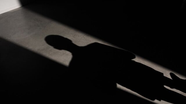 A sharply dressed man walks through a beam of light, casting a long shadow on the floor and wall. The interplay of shadow and light creates a moody, cinematic feel. Copy space present