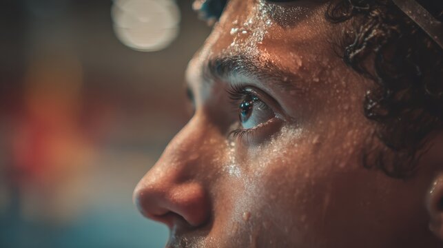 Close-up of an athlete's determined expression showing focus and sweat during a competitive swimming event in a large indoor pool