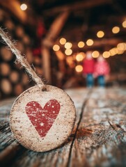 A rustic wooden tag featuring a red heart design, set against a blurred background of warm lights, evoking a cozy and intimate atmosphere.