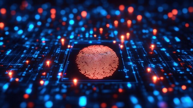 Digital Fingerprint on a Futuristic Glowing Circuit Board