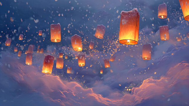 Christmas glowing lanterns floating in snowy sky 