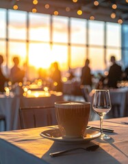 Coffee, glass, sunset view in restaurant