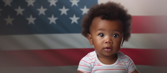 realistic portrait, little boy with afro haircut, serious expression, american flag background, detailed eyes, high quality, photorealistic