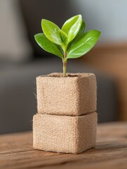 A small green plant grows in a textured, natural fabric pot, showcasing a modern and eco-friendly aesthetic in a cozy interior setting.