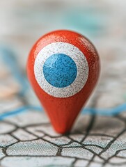 A close-up of a colorful location marker on a map, highlighting navigation and travel themes.