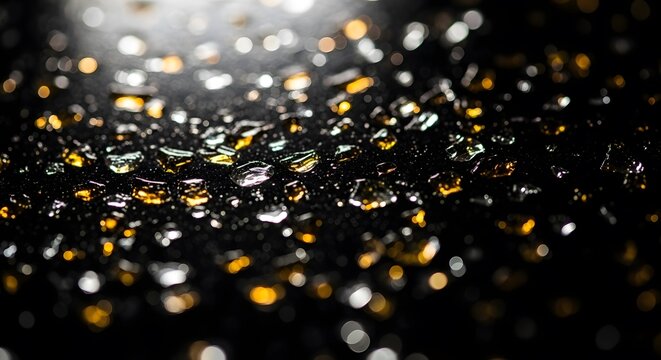 Close up macro of water droplets on dark surface reflecting golden and white lights reflection - Powered by Adobe