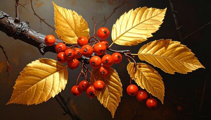 A branch adorned with glossy red berries and golden-yellow leaves stands out against a dark blurred background—evoking richness, contrast, and the rhythmic elegance of autumn’s quiet splendor.