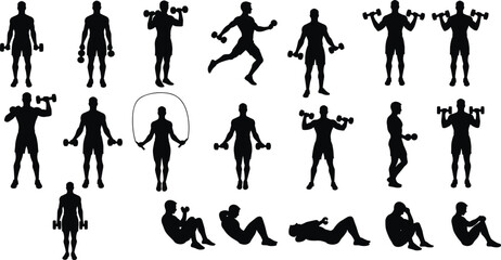 Silhouettes of men exercising with dumbbells, fitness training poses, gym workout, strength exercise collection, bodybuilding, physical activity illustration