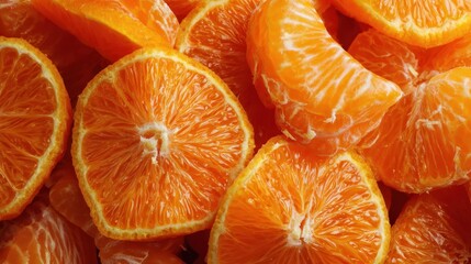 Freshly sliced oranges piled together showcasing vibrant colors and juicy texture for healthy snacking options