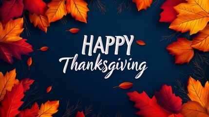 Happy thanksgiving text surrounded by colorful autumn leaves on a dark blue background design art