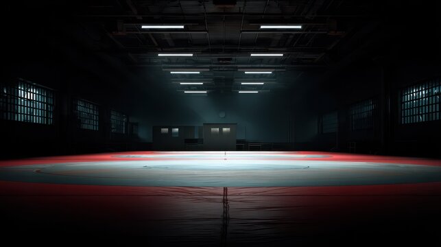 Wrestling mat illuminated in a dimly lit gym showcasing a training space for athletes during evening practice sessions