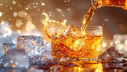 Drink pours into iced glass, splashing liquid