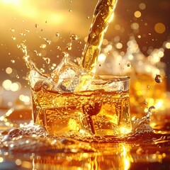 Liquid splashes into a glass with ice, warm bokeh lights