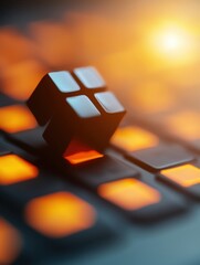 A close-up of a colorful keyboard with illuminated keys and a cube-shaped object, creating a vibrant and dynamic atmosphere.