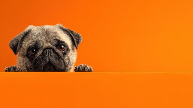 Pug with a curious expression looking over an orange surface in a bright, cheerful setting during daylight