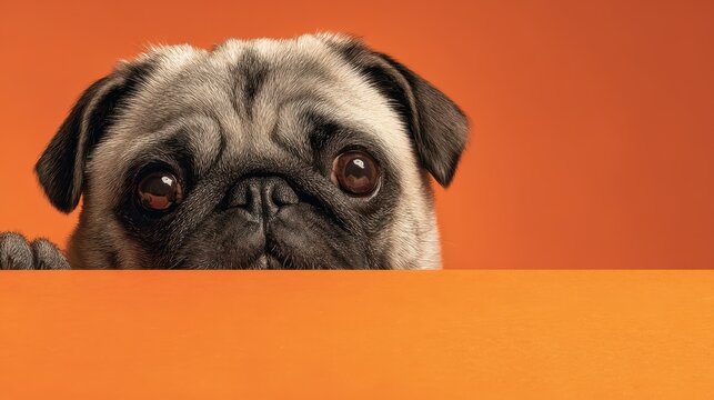 Cute pug peeking over an orange surface with a curious expression during a bright photo shoot