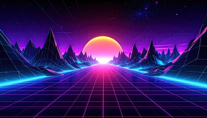 Synthwave grid over mountains, bright sun and starry sky