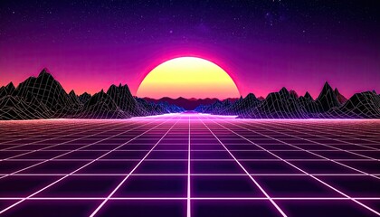 Retro grid world, sunset over mountains