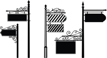 Vintage ornamental street sign silhouettes with decorative wrought iron scrollwork poles, retro signage boards, classic design, historical style, urban navigation illustration