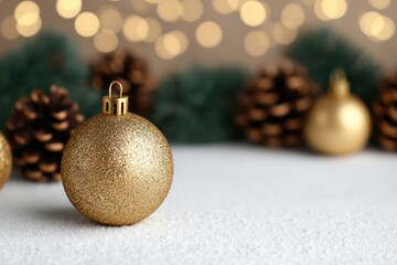 Gold glitter Christmas ornament resting on snow, with green branches, pinecones, and warm bokeh lights creating a festive copy space