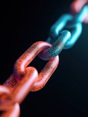 A close-up, abstract view of a vibrant, glowing chain link, showcasing intricate details and a blend of colors in a dark background.