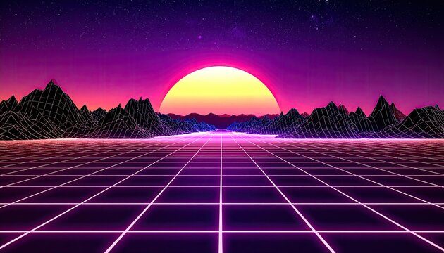 Retro grid world, sunset over mountains