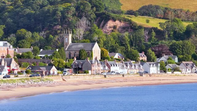 Slow Pan Across Rosemarkie Village and Historic Church by the Shore