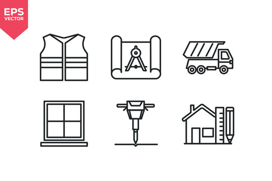 Set of line icons related to home repair, dump truck, window, safety clothes, jackhammer, architecture. Editable stroke. Vector illustration
