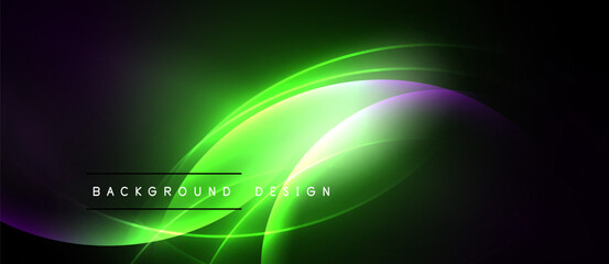 Abstract neon background. Vibrant green, purple hues blend. Smooth curves create dynamic visual effect. Modern design element.