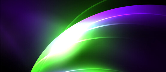 Abstract vibrant curves blend purple, green, white. Dynamic light creates flowing energy, modern design. Smooth gradients dominate composition.