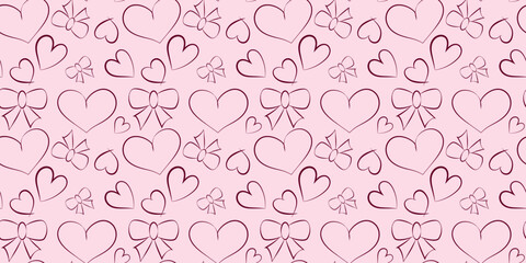 Sweet seamless vector pattern of maroon outline hearts and bows over a light pink background, perfect for Valentine's Day stationery, nursery textile or gift wrap.