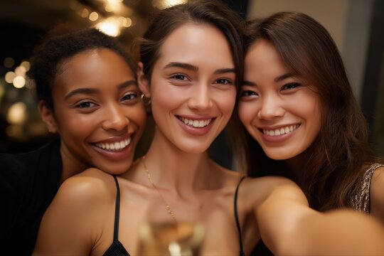 Three young female friends smiling together at evening social gathering