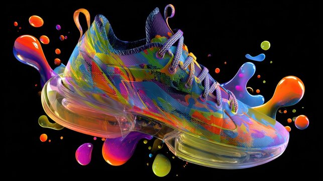 Colorful sneaker design featuring vibrant splashes and a modern style on a black background