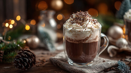 Christmas hot chocolate with whipped cream on table
