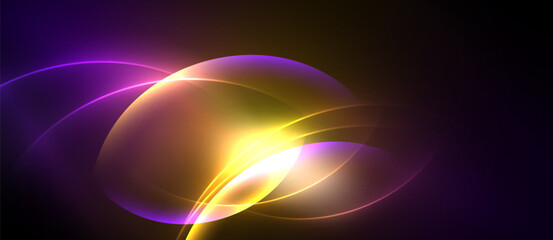 Abstract vibrant light shapes overlap, creating luminous energy flow. Purple, yellow hues dominate dark background. Smooth gradients present.