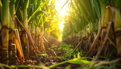 Warm sunlight shines between rows of tall green corn stalks in a field, casting shadows and illuminating the ground