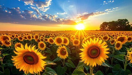 Fototapeta premium Sunflower Field at Sunset: A Golden Landscape of Beauty.