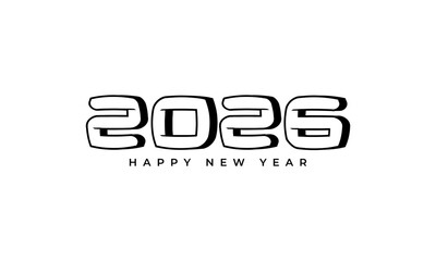 Stylized 2026 happy new year text design with bold outline numbers, modern typography for festive celebrations, banners, greeting cards. Vector Happy new year 2026 design. 2026 logo text design.