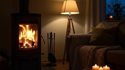 Cozy Living Room Scene with Fireplace and Ambient Lighting Warm Atmosphere
