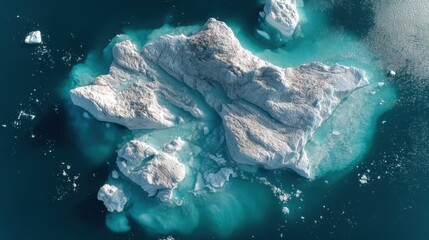 Majestic icebergs drift in clear turquoise arctic waters, seen from above.