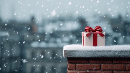 White gift box with red ribbon is on a snow covered chimney during a snowfall, with city rooftops in the background