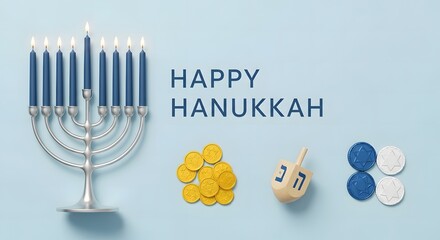 The joyful phrase "Happy Hanukkah" is prominently displayed, surrounded by traditional Hanukkah ornaments and Jewish holiday decorative elements