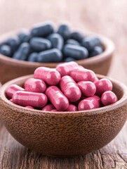 Two bowls of capsules are displayed, with pink pills in the foreground and blue pills in the background, resting on a rustic wooden surface.