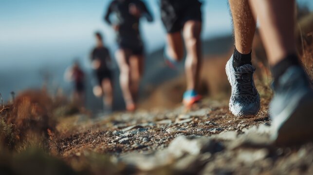 Runners navigating a rugged mountain trail on a sunny morning, showcasing determination and team spirit - Powered by Adobe