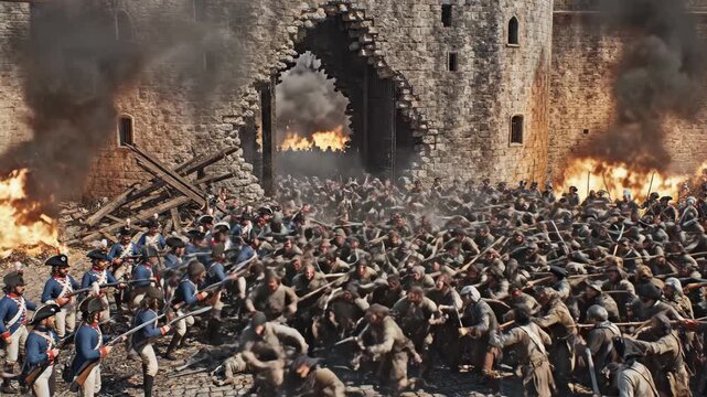 Amidst smoke and chaos, defenders bravely hold the castle gates against a relentless horde. Flames flicker as the clash intensifies under the ominous sky, revealing a fierce struggle for survival.